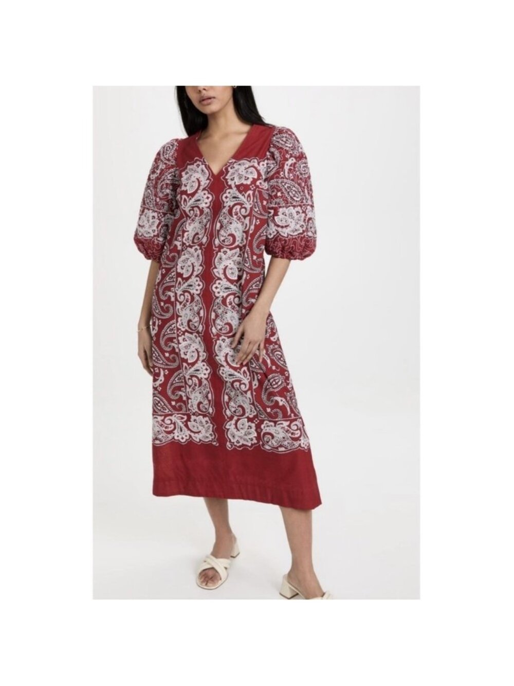 Sea New York Thedora Red Paisley Midi Dress Embroidered Sleeves, NWT! $450, Sz S